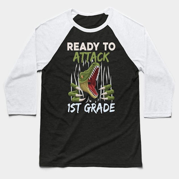 Dinosaur Kids Ready To Attack 1St Grade Boys Back To School Baseball T-Shirt by kateeleone97023